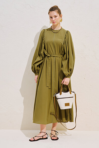 Manuka Ribbed Detail Wide Sleeves Long Dress Oil Green