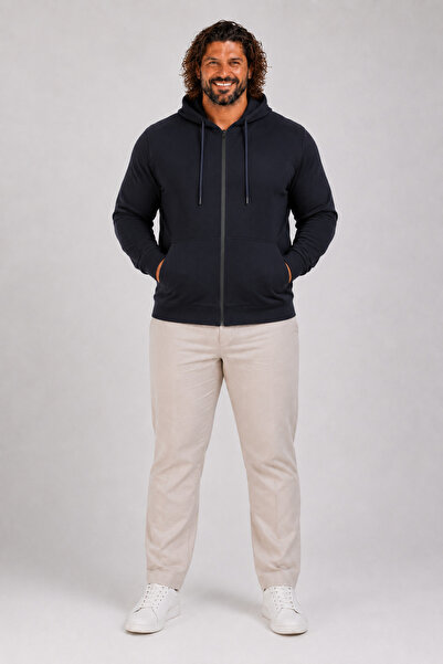 MocGrande Large Size Basic Seasonal Zippered Hooded Sweat 22751 Navy Blue