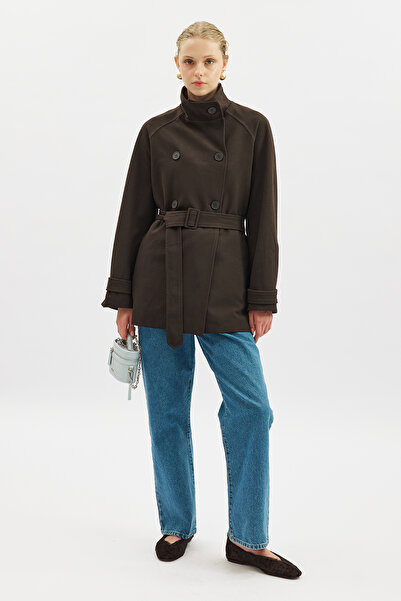 Manuka High Collar Belt Piece Trench Coat Dark Brown