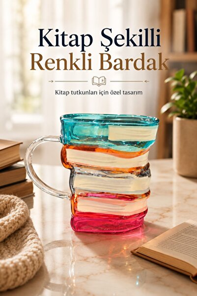 Kitchen Beauty El Yapımı Sanatsal 3 Boyutlu Kitap Şeklinde Cam Kupa Renkli Ta...