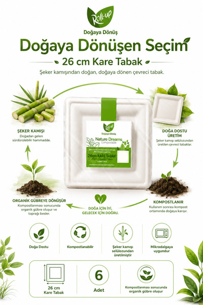 Roll-Up Doğaya Dönüşümlü Kare Karton Tabak 26cm 6lı