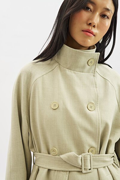 Manuka High Collar Belt Piece Trench Coat Green