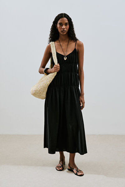 Manuka Textured Dress with Ruched Detail Black