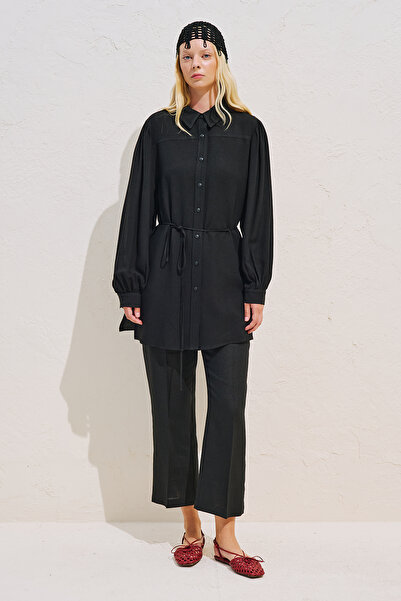 Manuka Linen Mixed Balloon Sleeve Long Tunic Black