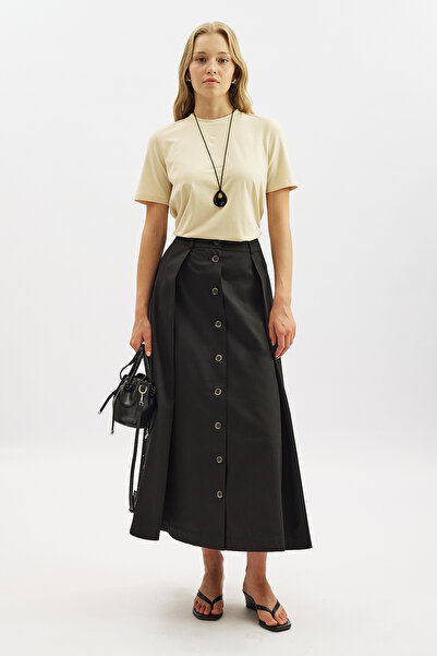 Manuka Lula Buttoned Skirt with Pleat Detail Black