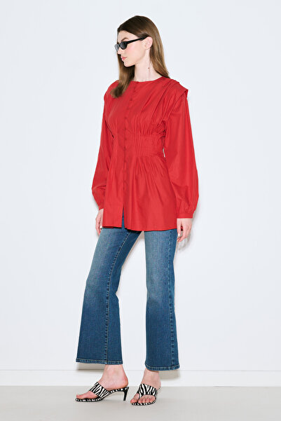 Manuka Belly Pleated Detail Long Sleeve Bluz Red