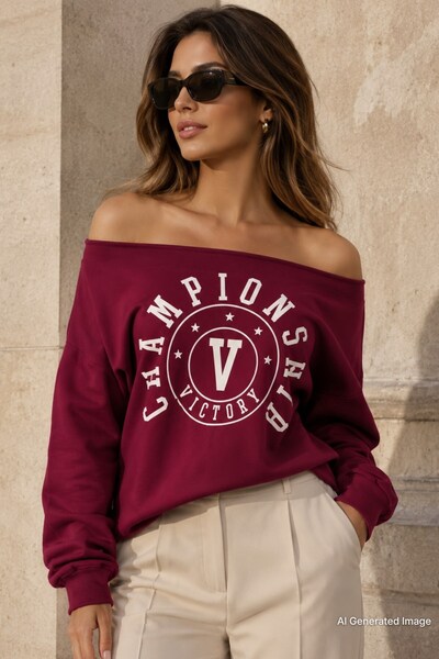 Madmext Burgundy Boat Neck Printed Women's Sweatshirt Mg2205