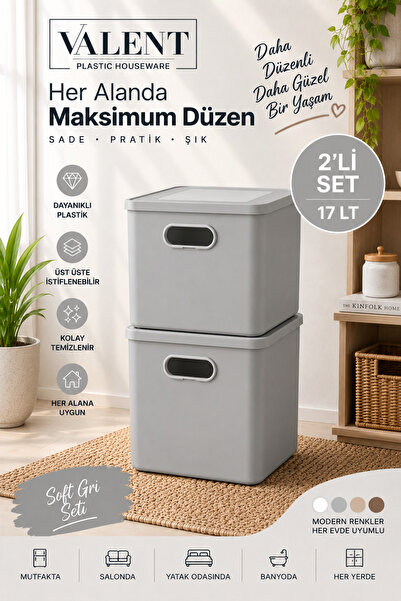VALENT Nero 17 Lt 2'li Çok Amaçlı Kapaklı Organizer Kutu Makyaj Banyo Mutfak ...