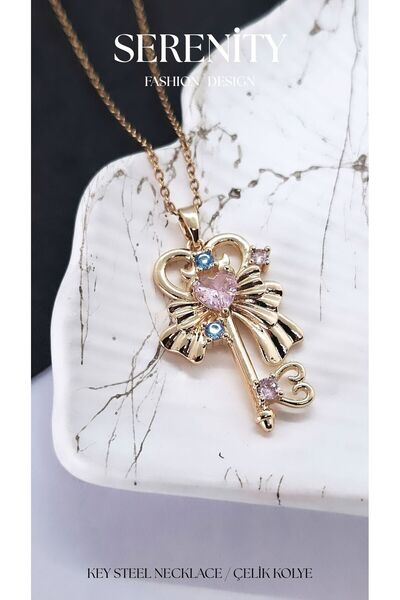 Serenity Colorful Zircon Stone Key Steel Necklace