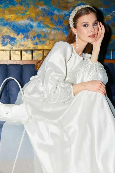 Manuka Steinbesetztes Organza-Abendkleid in Ecru