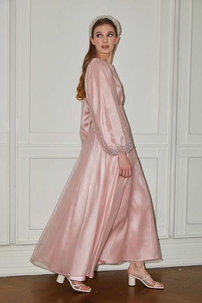 Manuka Stone-Embellished Organza Evening Dress Powder