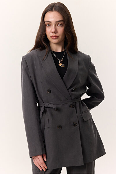 Manuka Tencel Belted Double-Breasted Blazer Jacket Anthracite