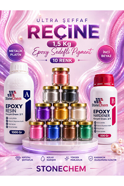 stonechem Ultra Şeffaf Reçine 1,5 Kg Epoxy Sedefli Pigment 10 Renk 15 ml Hobi...