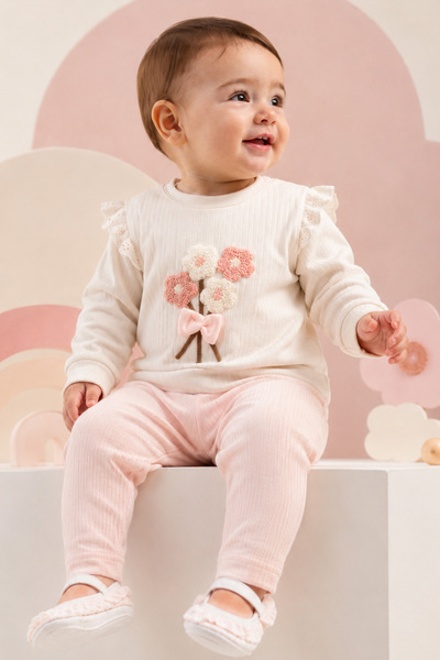 Rocha Baby Rocha Kız Bebek Çiçek Buklet Nakışlı Fitilli 2'li Takım - Dantel D...