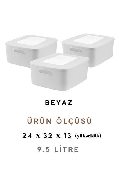 VALENT Nero 9.5 Lt 3'lü Çok Amaçlı Kapaklı Organizer Kutu Makyaj Banyo Mutfak Oyuncak Düzenleyici Beyaz