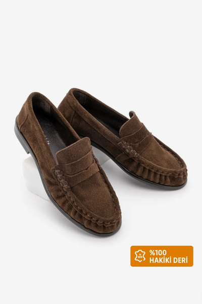 Marjin Women's Genuine Leather Oval Toe Moccasin Stitched Drawstring Loafer C...
