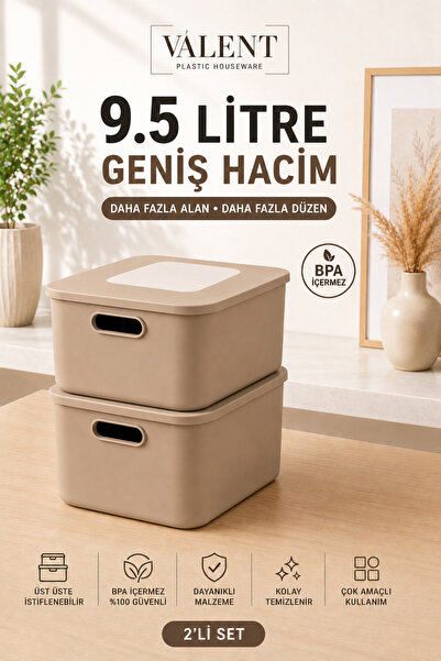 VALENT Nero 9.5 Lt 2'li Çok Amaçlı Kapaklı Organizer Kutu Makyaj Banyo Mutfak...