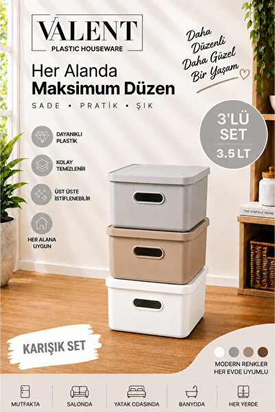 VALENT Nero 3.5 Lt 3'lü Çok Amaçlı Kapaklı Organizer Kutu Makyaj Banyo Mutfak...