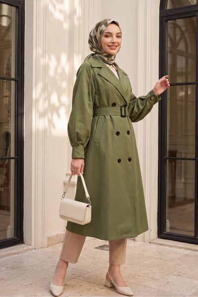 Modamorfo Balloon Sleeve Buckle Belted Side Pocket Trench Coat -Khaki