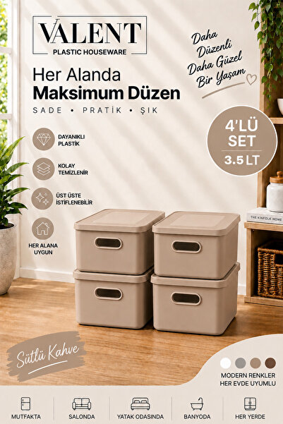 VALENT Nero 3.5 Lt 4'lü Çok Amaçlı Kapaklı Organizer Kutu Makyaj Banyo Mutfak...