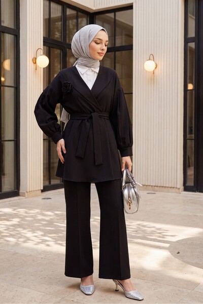 Modamorfo V-Neck Rose Brooch Belted Balloon Sleeve Pleated Elastic Waist Pant...