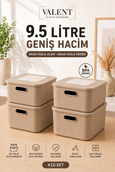 VALENT Nero 9.5 Lt 4'lü Çok Amaçlı Kapaklı Organizer Kutu Makyaj Banyo Mutfak...