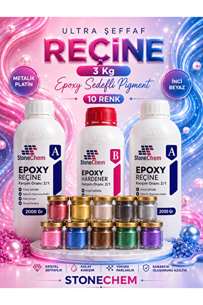 stonechem Ultra Şeffaf Epoksi Reçine 3 Kg + 10x15 ml Sedefli Pigment Seti Eks...