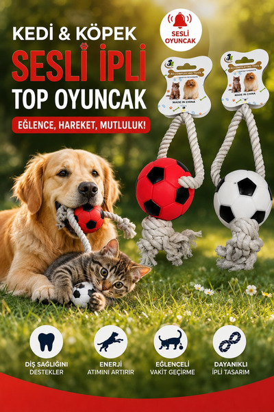 House Bird Kedi & Köpek Sesli İpli Top Oyuncak Dayanıklı Halatlı Çiğneme ve O...