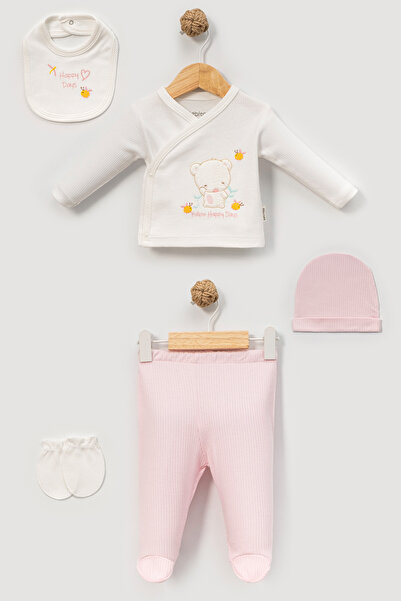 Bebitof Floral Teddy Bear Patterned 5-Piece Newborn Hospital-Issued Bodysuit Set