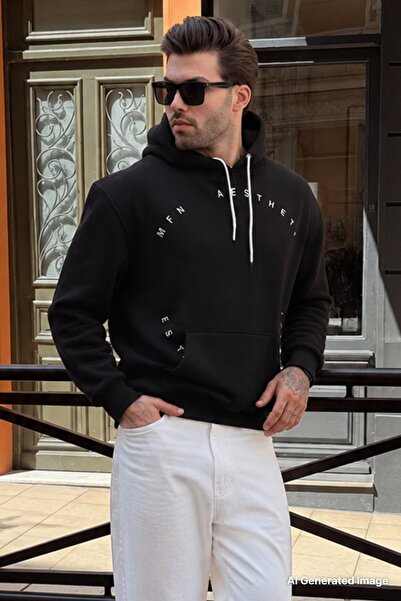 Madmext Black Hooded Pocket Detailed Embroidered Men's Sweatshirt 7054