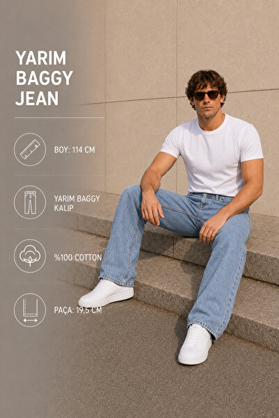 fashionistanbul Erkek Açık Mavi Baggy Jean Pantolon Rahat Kalıp Geniş Paça De...