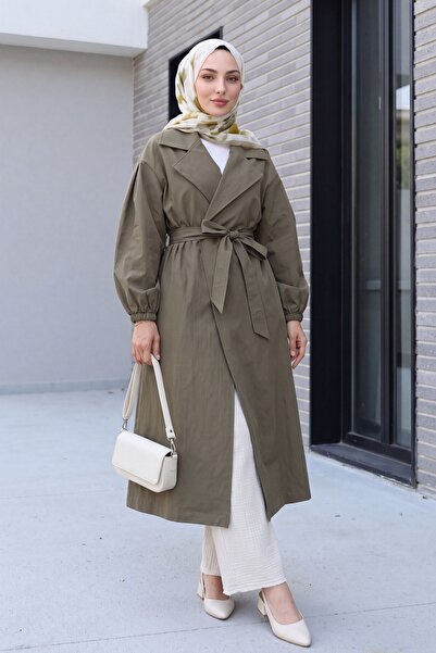 Modamorfo Lined Trench Coat with Elastic Sleeves and Belt - Khaki