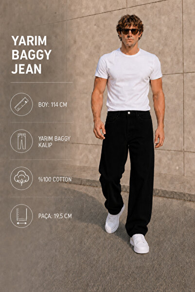 fashionistanbul Erkek SİYAH Baggy Jean Pantolon Rahat Kalıp Geniş Paça Denim Kot