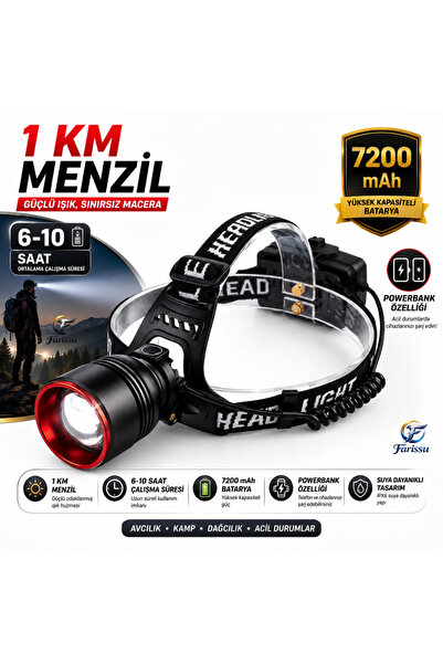 farissu 30W 3000 Lümen Zoomlu Şarjlı Kafa Feneri - 7200 mAh Yüksek Kapasite -...