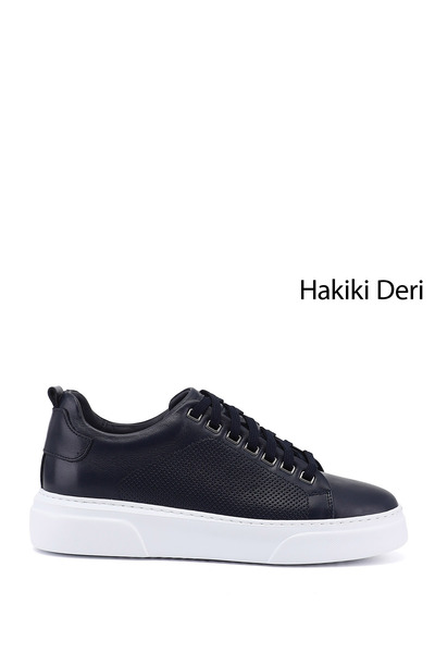 GÖNDERİ(R) Men's Navy Blue Lace-Up Genuine Leather Sneakers