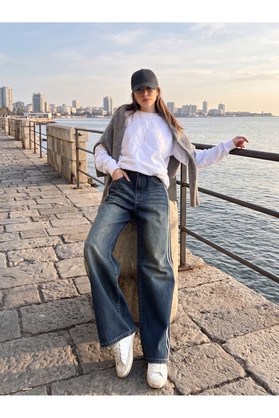 harmony factory Wide Leg Yüksek Bel Yan Şeritli Vintage Yıkamalı Kot Pantolon