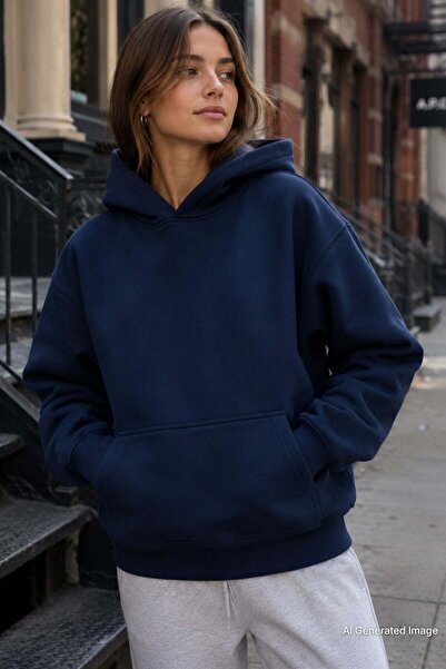 Madmext Navy Blue Hooded Oversized Sweatshirt with Pockets Mg2206