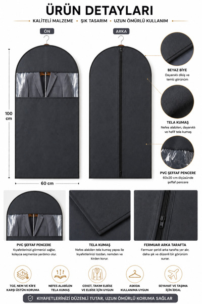 umbellatum Elbise Kılıfı 5'li 60x100 Cm Pencereli Dolap Düzenleyici Organizer hurç | Gamboç Antrasit