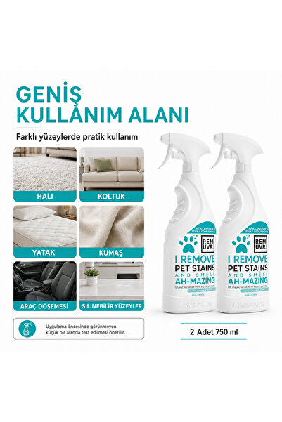 REMUVR Enzimli İdrar Lekesi ve Koku Giderici Sprey 750 ml x 2 | Kedi Köpek, Halı Koltuk Yatak