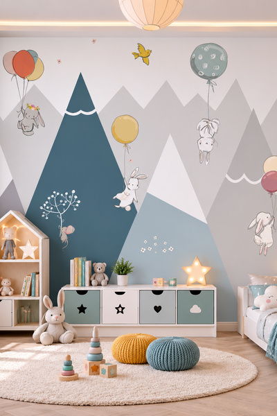 dreamwall Uçan Balon Ve Hayvanlar Desenli Silinebilir Tekstil Duvar Kağıdı