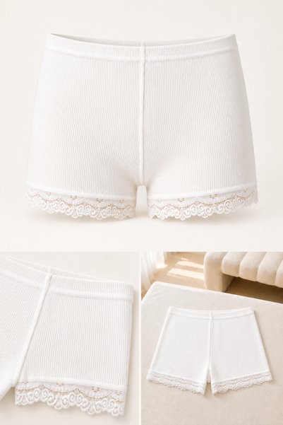 İncili Tekstil Women's Ribbed Lace Boxer Briefs Set of 3 - Cotton Stretch Shorts Underwear Pack (Black, Nude, White)
