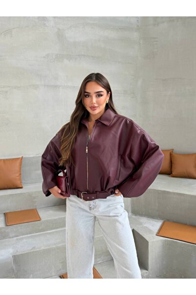 Reysamoda Kadın Oversize Deri Ceket Oversize Relax Fit fermuarlı Kemer Detayl...
