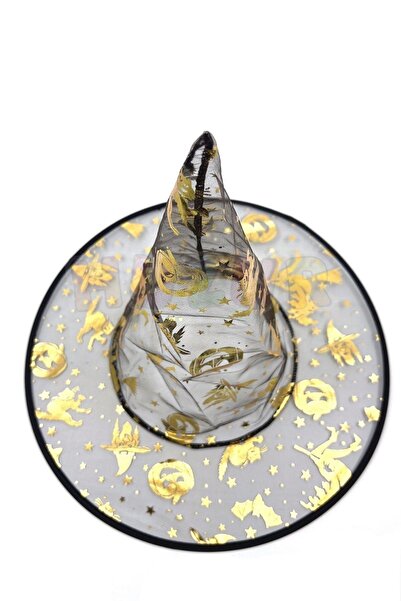 Huzur Party Store Gold Siyah Tül Şapka Halloween Partisi Cadılar Bayramı Altın Sarısı Unisex Cadı Kedi Yarasa Detaylı