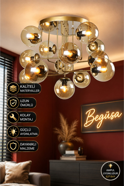 Begüsa Hazeran 13.lü Eskitme Bal Glop Camlı Avize