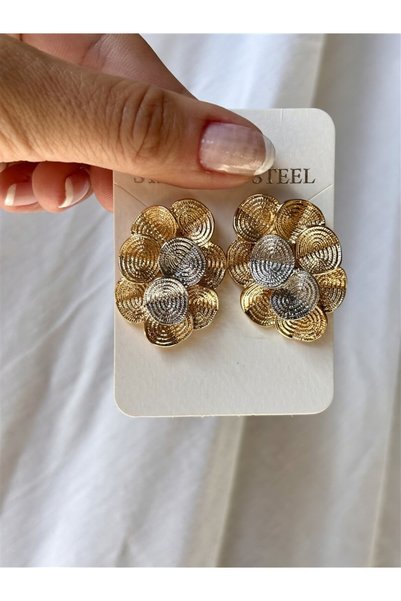Gözde Tasarım Butik Women's Steel Earrings with Flower Motif in Silver and Gold Colors