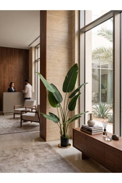 Beitna Helw Artificial Banana Tree 160 cm, 10 Leaves, Realistic Touch, UV & Heat Resistant, Decorative Black Plastic Pot