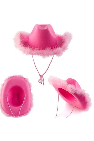 partidolu Pembe Otrişli Pembe Renk Keçe Kumaş Kovboy Şapkası Yetişkin retro B...