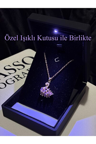 olvera shine Işıklı Kutuda Mor Kuğulu Swan Kolye Gold
