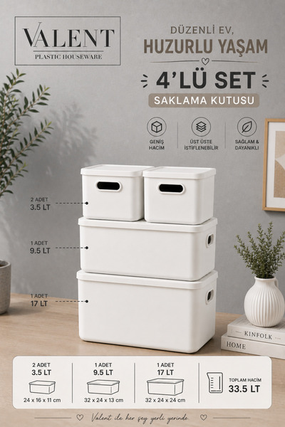 VALENT Nero 4'lü Set Çok Amaçlı Kapaklı Organizer Kutu Banyo Mutfak Düzenleyi...