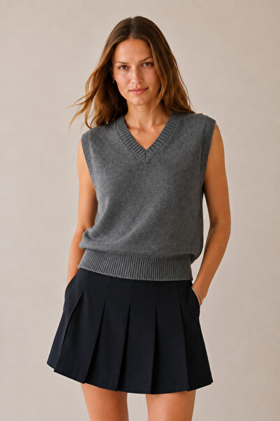 LOOSH Kadın V Yaka Fitilli Kenarlı Kolsuz Süveter